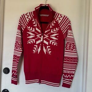 Athleta Pink White Snowflake Zip Up Stand Collar Tight Knit Cardigan Sweater S